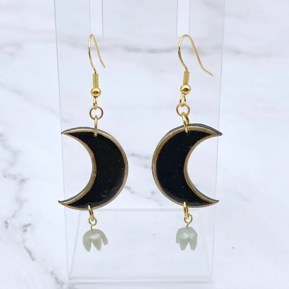 Black Moon Lily of the Valley Dangle Earrings